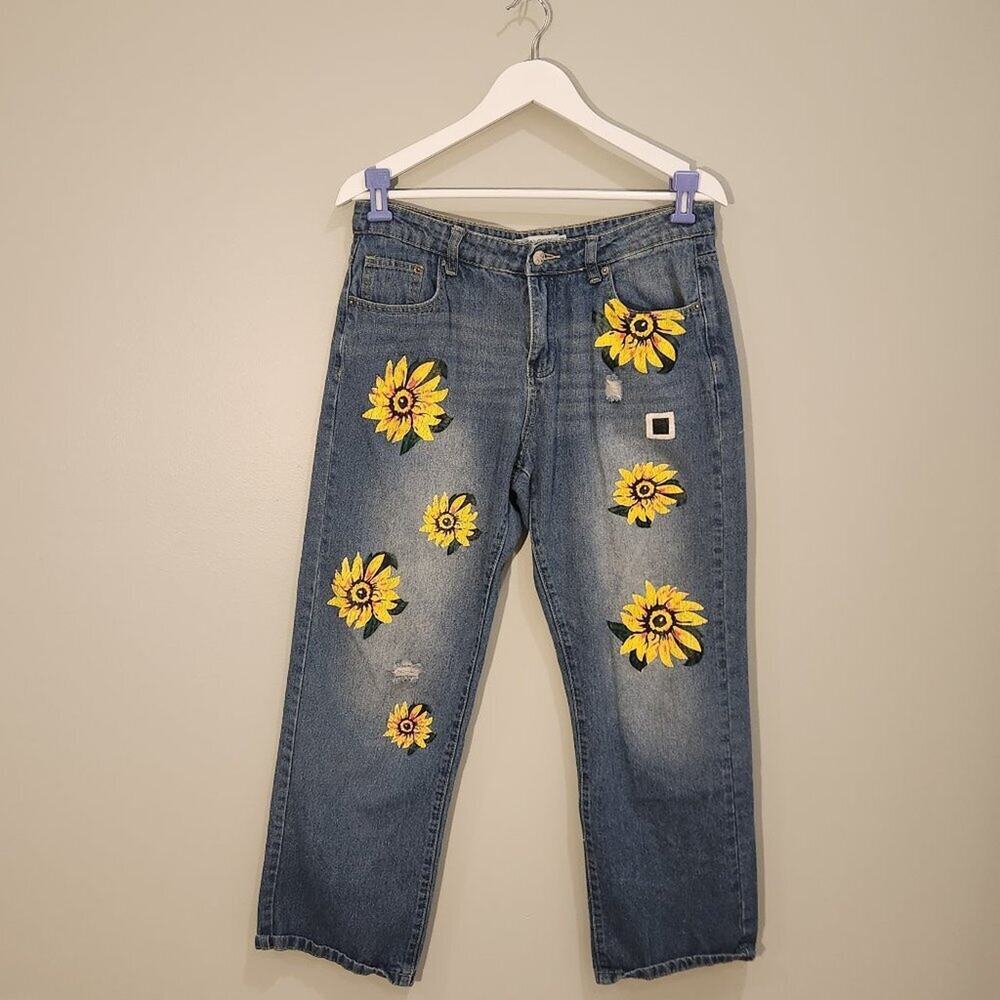 MISSLOOK Painted Sunflower Denim Jeans Ankle Boyfriend Cottage Garden - Size M